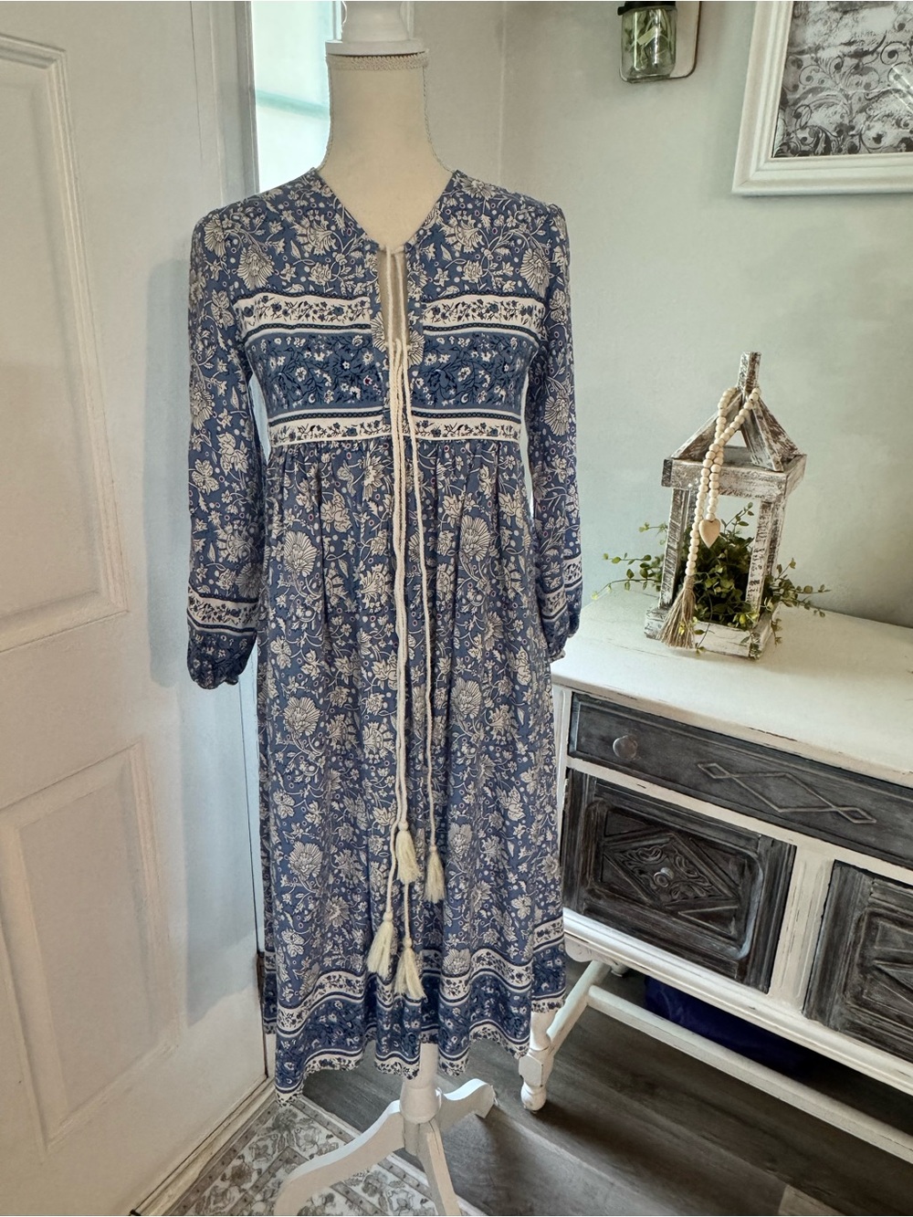 R. Vivimos Bohemian Blue Floral Tassel Midi Dress | Size Small - Picture 2 of 12